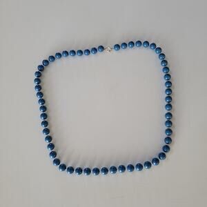 Vintage Blue Beaded Necklace 24 Inch Strand with Round Glass Beads Retro Jewelry